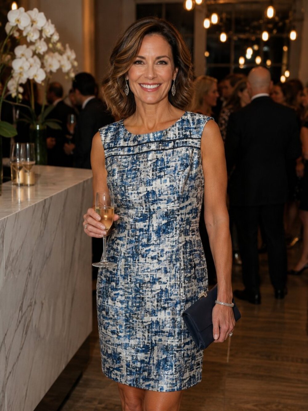 Kay Unger Blue and White Metallic Printed Sheath Midi Cocktail Dress Size 8